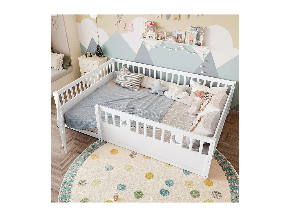 Lit enfant à panneaux 140x190 cm barrières décor étoiles lunes sans matelas blanc