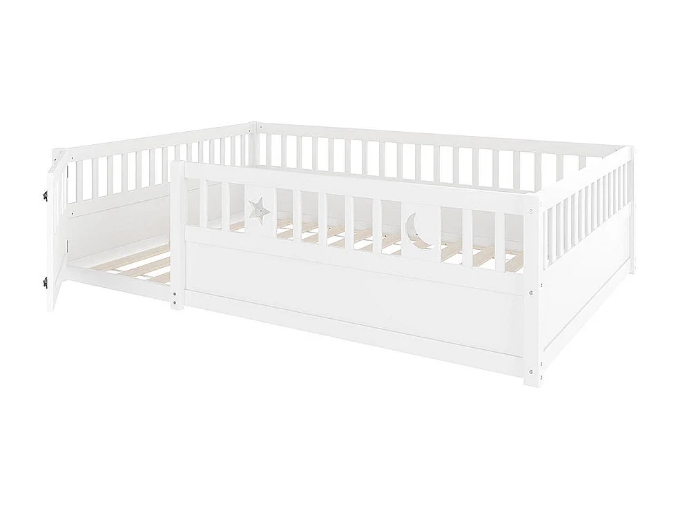 Lit enfant à panneaux 140x190 cm barrières décor étoiles lunes sans matelas blanc