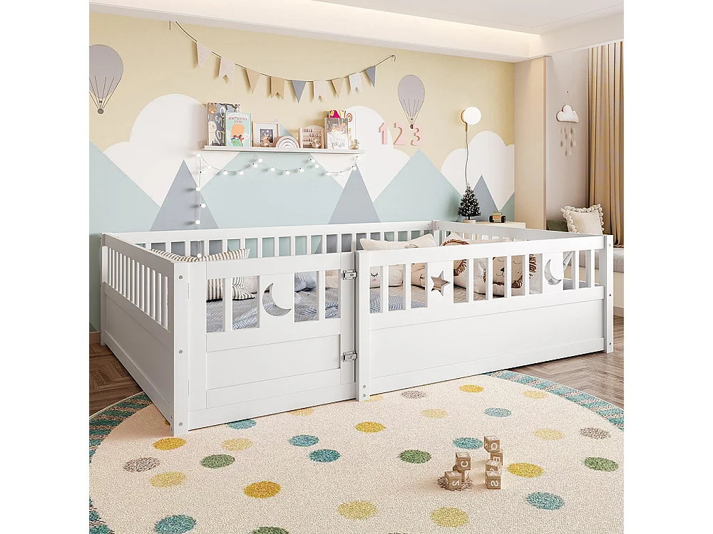 Lit enfant à panneaux 140x190 cm barrières décor étoiles lunes sans matelas blanc