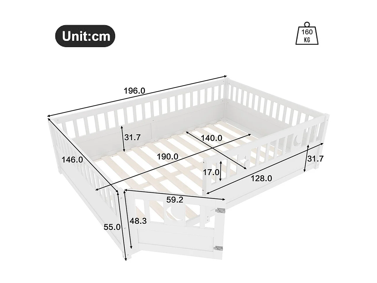 Lit enfant à panneaux 140x190 cm barrières décor étoiles lunes sans matelas blanc