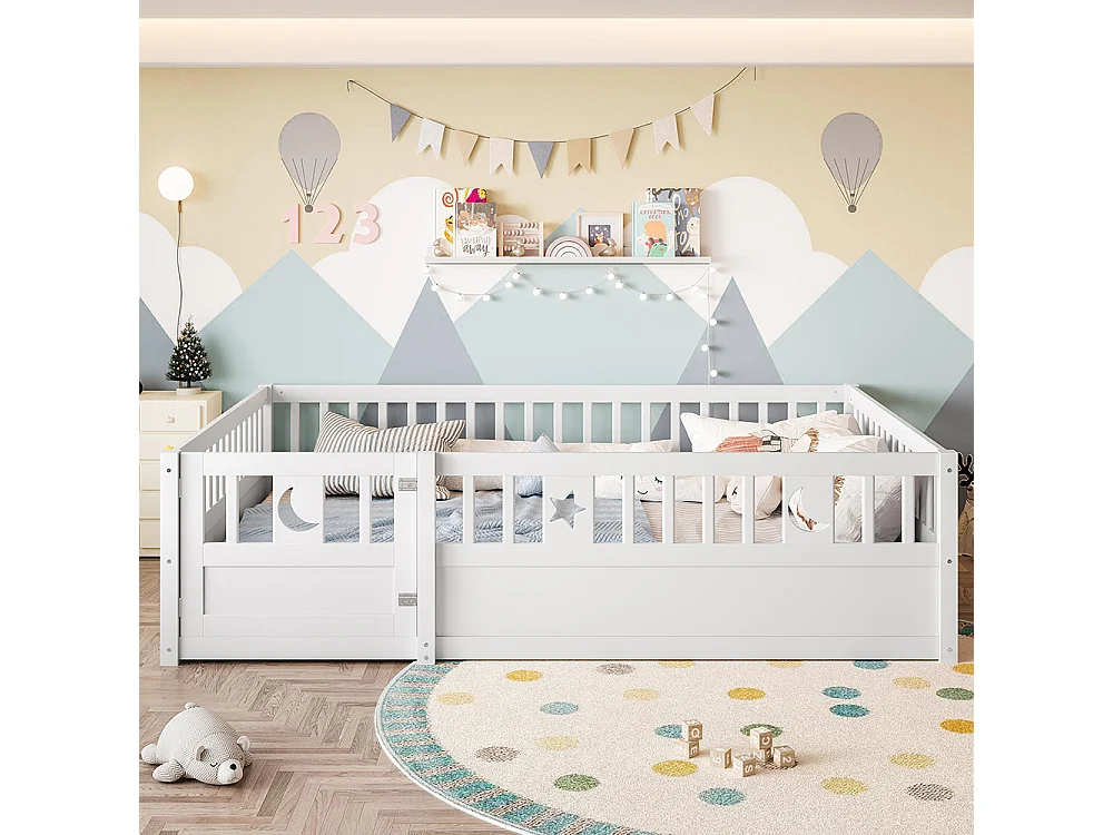 Lit enfant à panneaux 140x190 cm barrières décor étoiles lunes sans matelas blanc