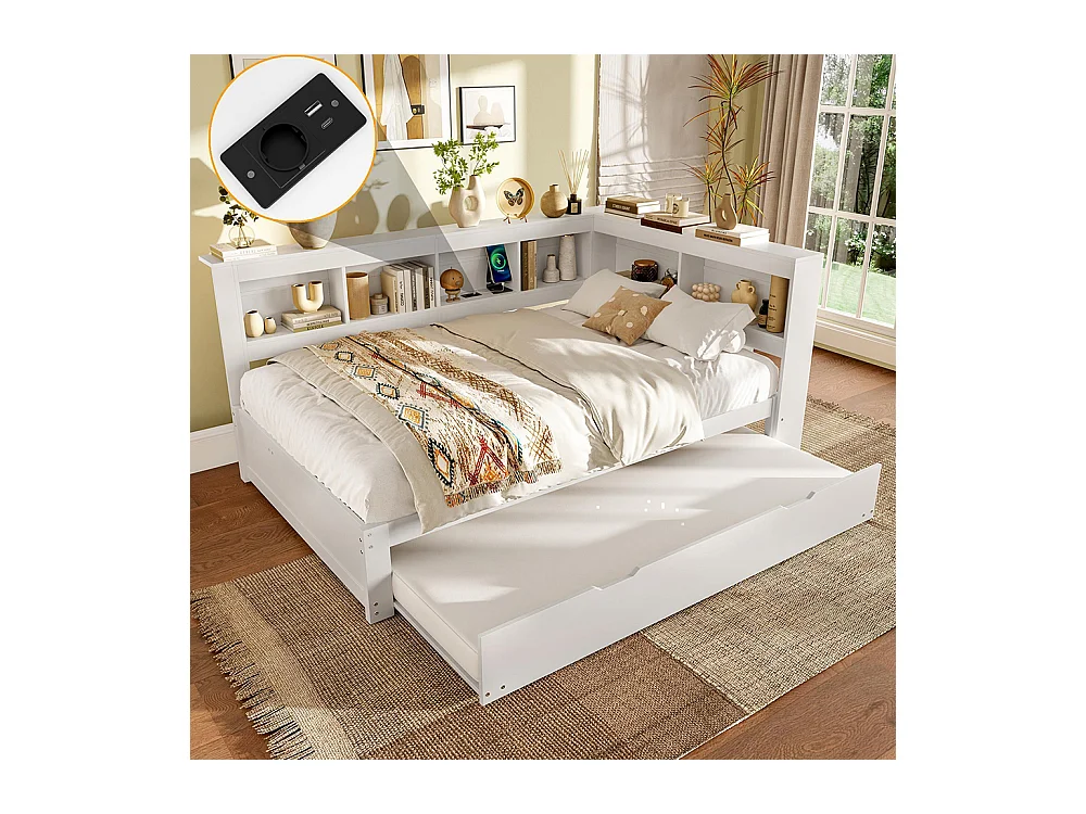 Lit banquette lit gigogne jour 140x200 cm canapé-lit ports USB électrique sommier à lattes sans matelas panneau particules blanc