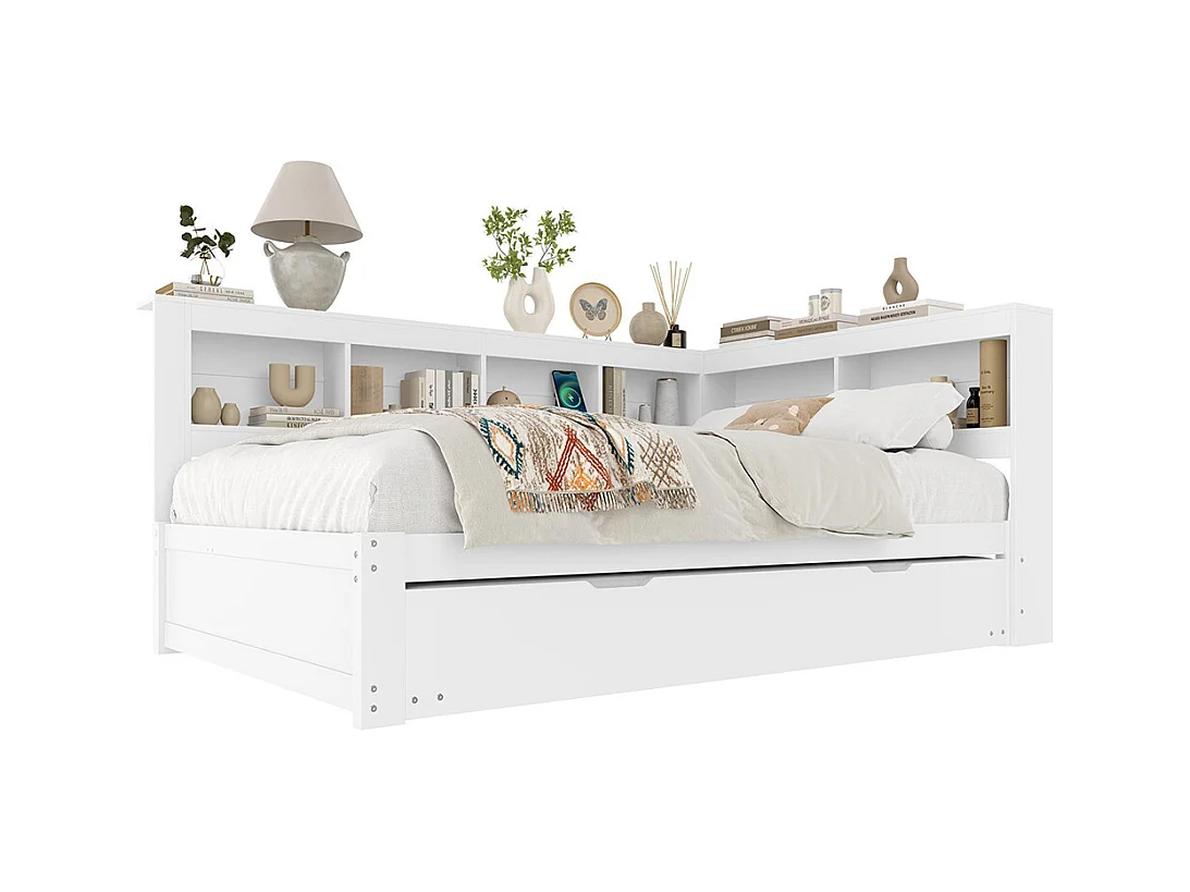 Lit banquette lit gigogne jour 140x200 cm canapé-lit ports USB électrique sommier à lattes sans matelas panneau particules blanc