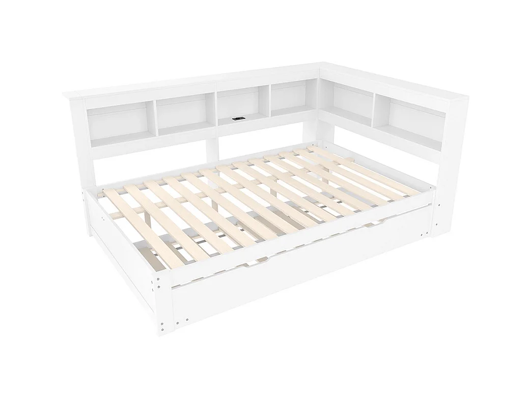 Lit banquette lit gigogne jour 140x200 cm canapé-lit ports USB électrique sommier à lattes sans matelas panneau particules blanc