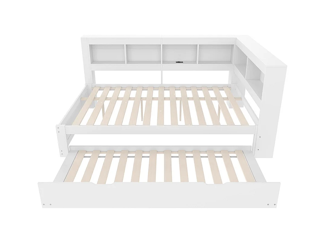 Lit banquette lit gigogne jour 140x200 cm canapé-lit ports USB électrique sommier à lattes sans matelas panneau particules blanc