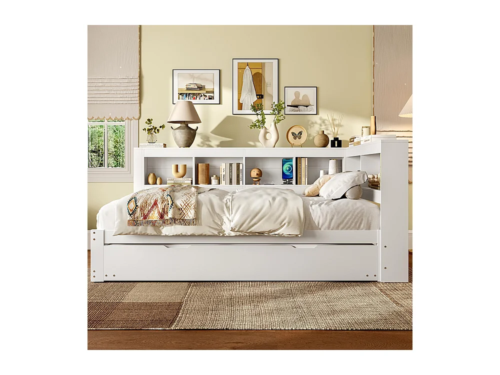 Lit banquette lit gigogne jour 140x200 cm canapé-lit ports USB électrique sommier à lattes sans matelas panneau particules blanc