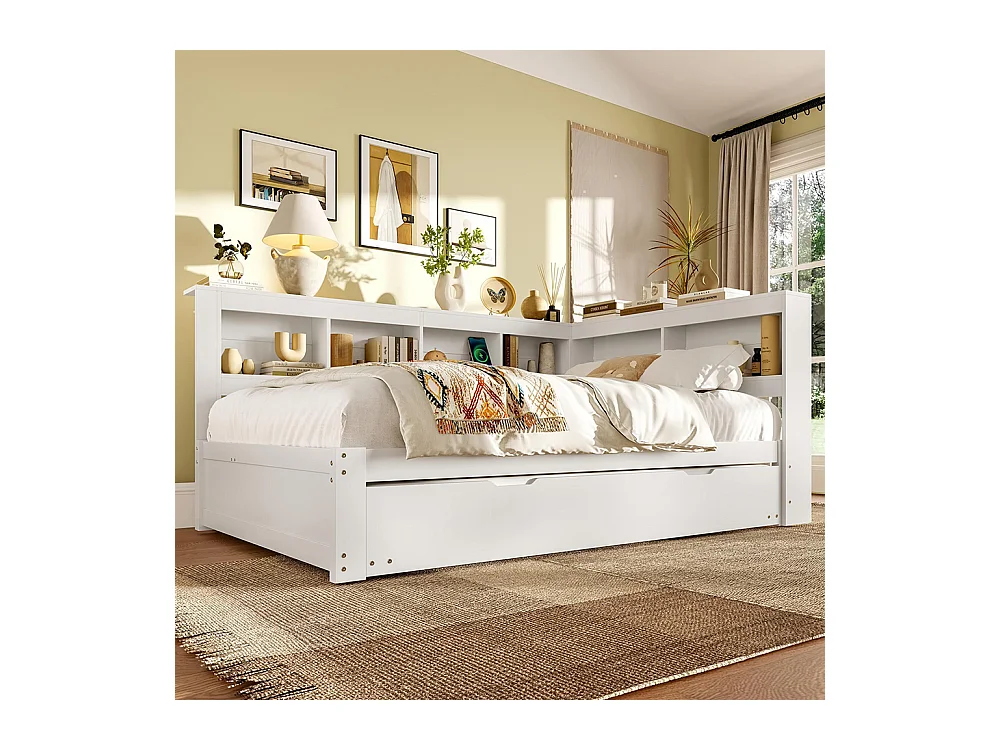 Lit banquette lit gigogne jour 140x200 cm canapé-lit ports USB électrique sommier à lattes sans matelas panneau particules blanc