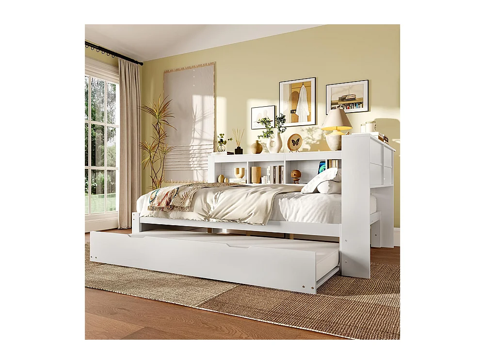 Lit banquette lit gigogne jour 140x200 cm canapé-lit ports USB électrique sommier à lattes sans matelas panneau particules blanc