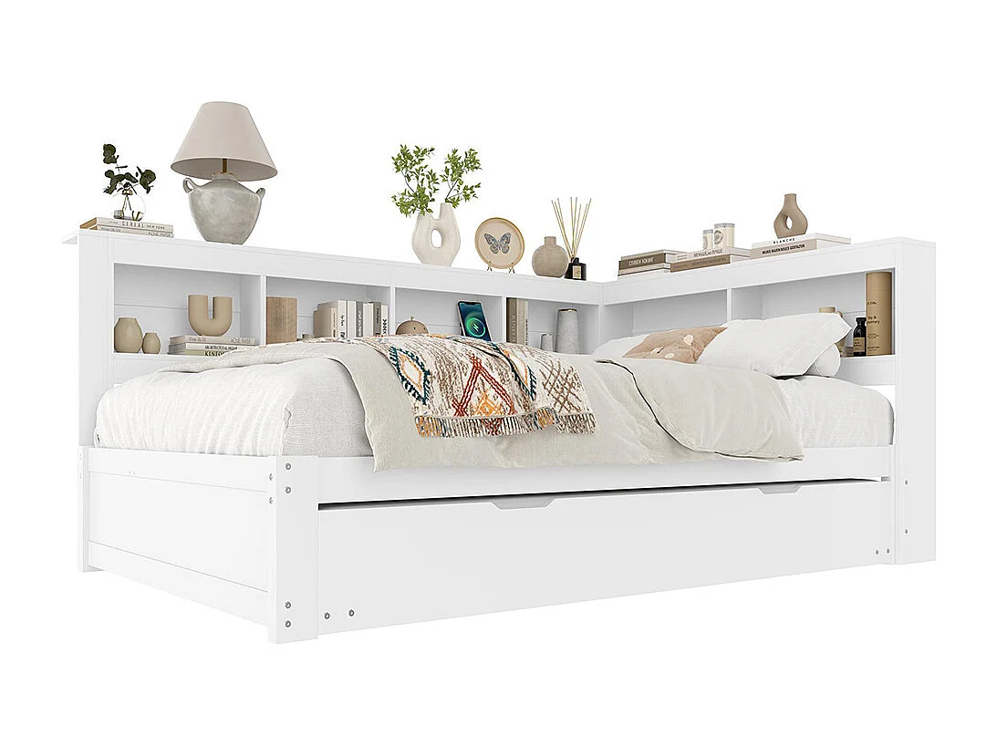 Lit banquette lit gigogne jour 140x200 cm canapé-lit ports USB électrique sommier à lattes sans matelas panneau particules blanc