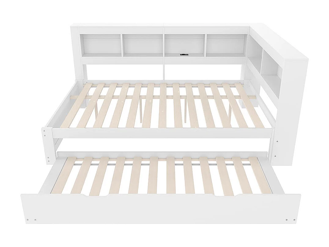 Lit banquette lit gigogne jour 140x200 cm canapé-lit ports USB électrique sommier à lattes sans matelas panneau particules blanc