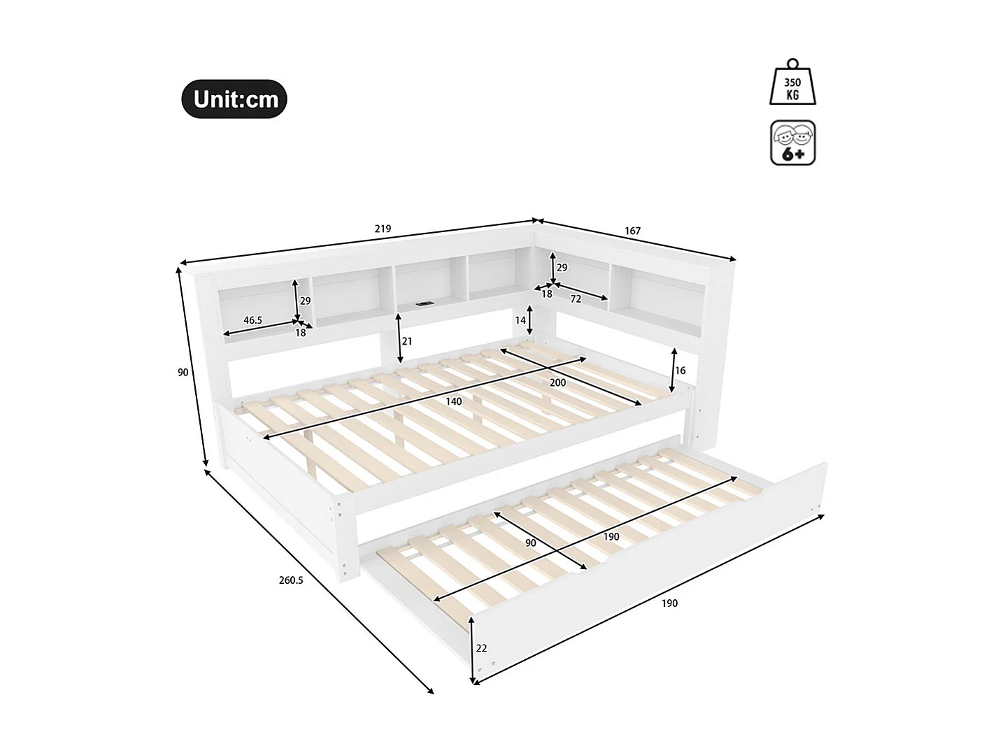 Lit banquette lit gigogne jour 140x200 cm canapé-lit ports USB électrique sommier à lattes sans matelas panneau particules blanc
