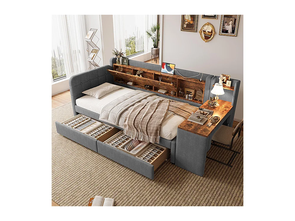 Lit banquette lit de jour convertible 90x200 cm avec bureau 2 tiroirs USB Type-C rangement rabattable sommier à lattes sans matelas lin gris
