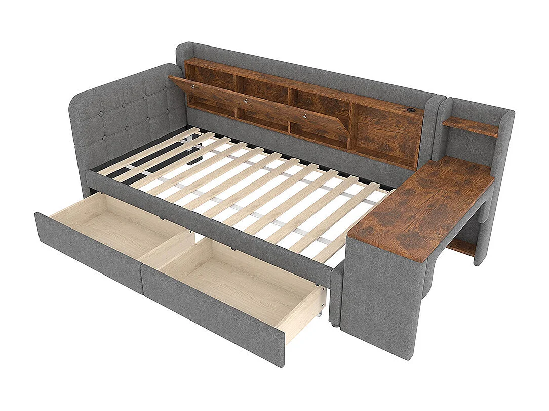 Lit banquette lit de jour convertible 90x200 cm avec bureau 2 tiroirs USB Type-C rangement rabattable sommier à lattes sans matelas lin gris