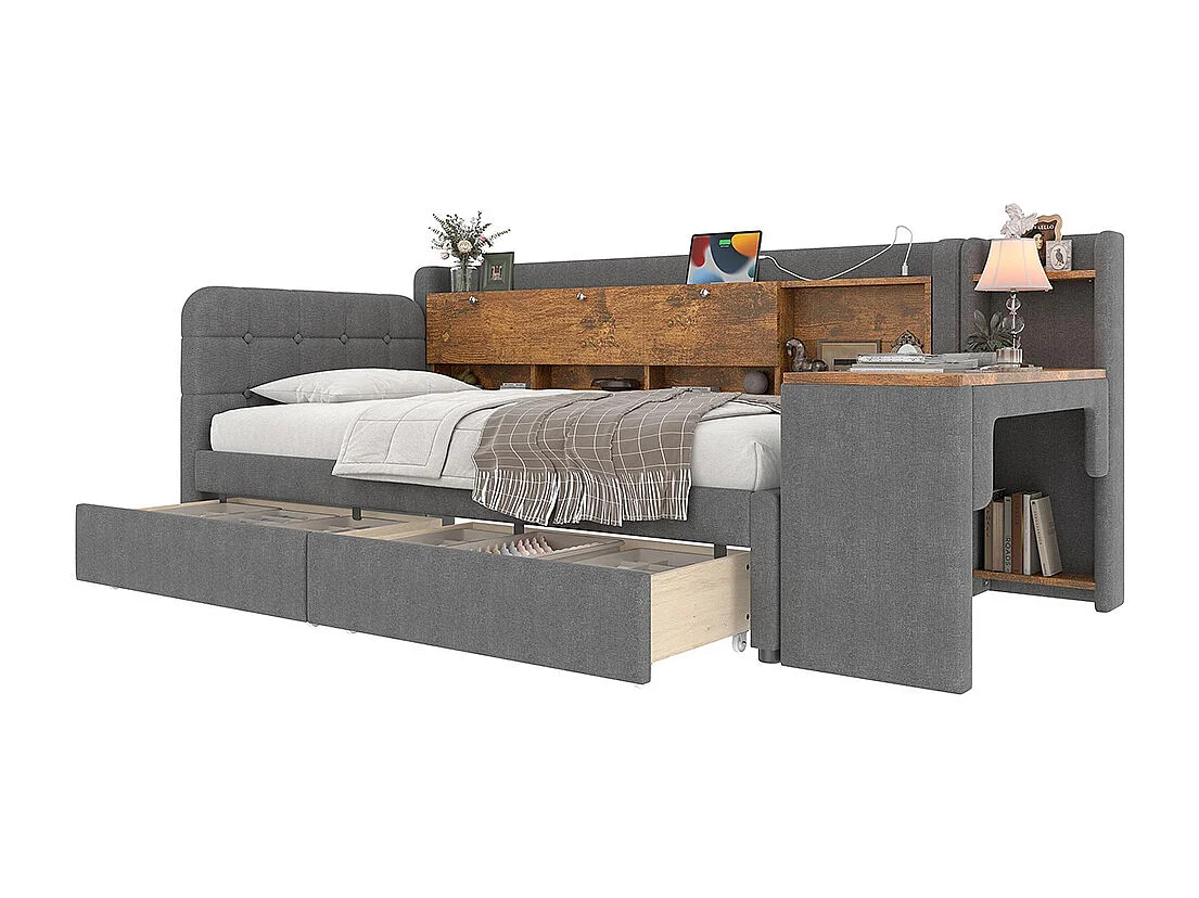 Lit banquette lit de jour convertible 90x200 cm avec bureau 2 tiroirs USB Type-C rangement rabattable sommier à lattes sans matelas lin gris