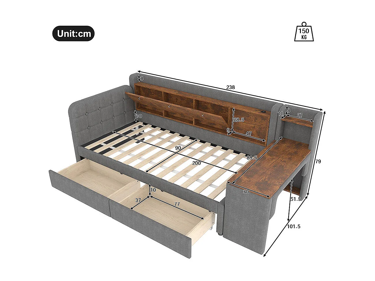 Lit banquette lit de jour convertible 90x200 cm avec bureau 2 tiroirs USB Type-C rangement rabattable sommier à lattes sans matelas lin gris