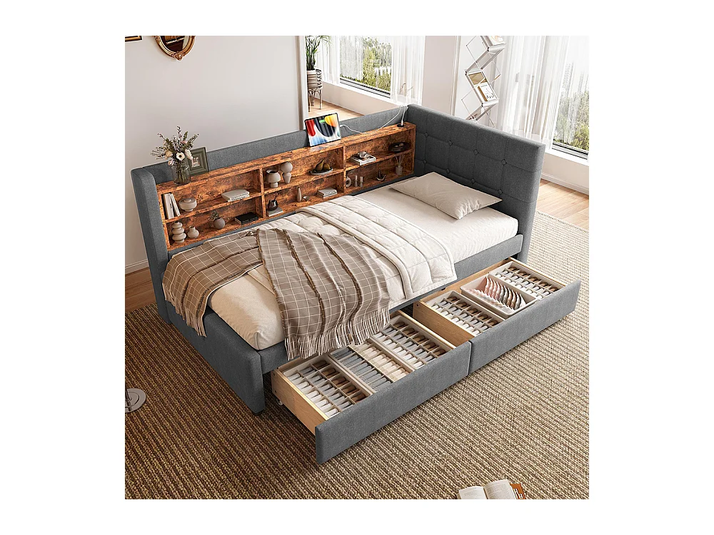 Lit banquette lit de jour convertible 90x200 cm avec 2 tiroirs ports USB Type-C rangement sommier à lattes sans matelas lin gris