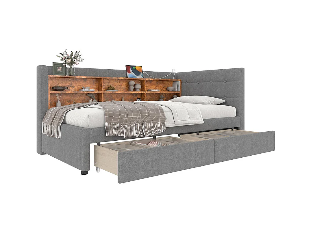 Lit banquette lit de jour convertible 90x200 cm avec 2 tiroirs ports USB Type-C rangement sommier à lattes sans matelas lin gris