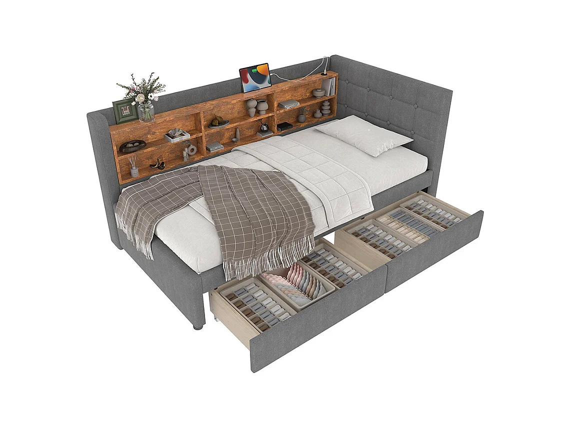 Lit banquette lit de jour convertible 90x200 cm avec 2 tiroirs ports USB Type-C rangement sommier à lattes sans matelas lin gris