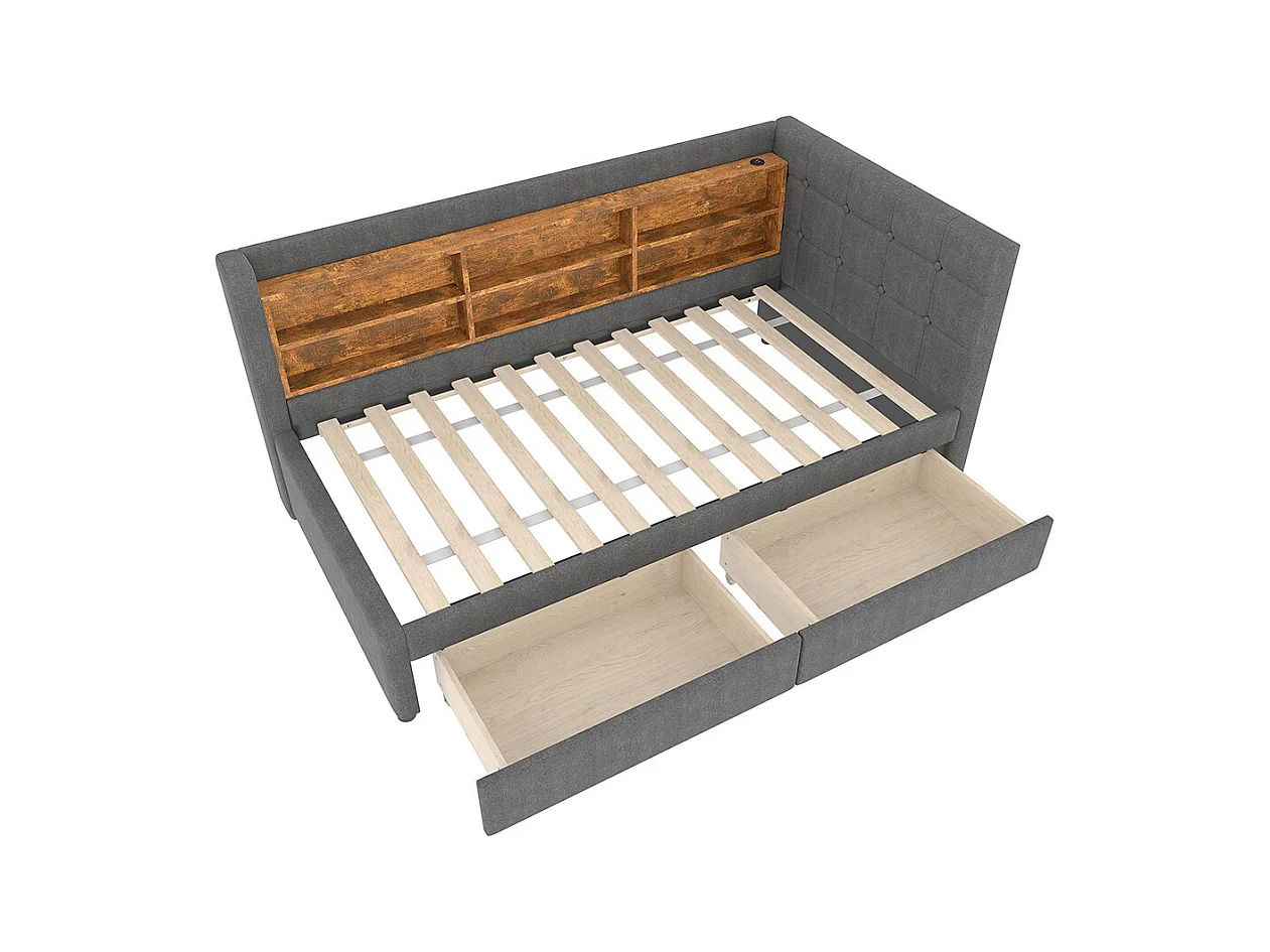 Lit banquette lit de jour convertible 90x200 cm avec 2 tiroirs ports USB Type-C rangement sommier à lattes sans matelas lin gris