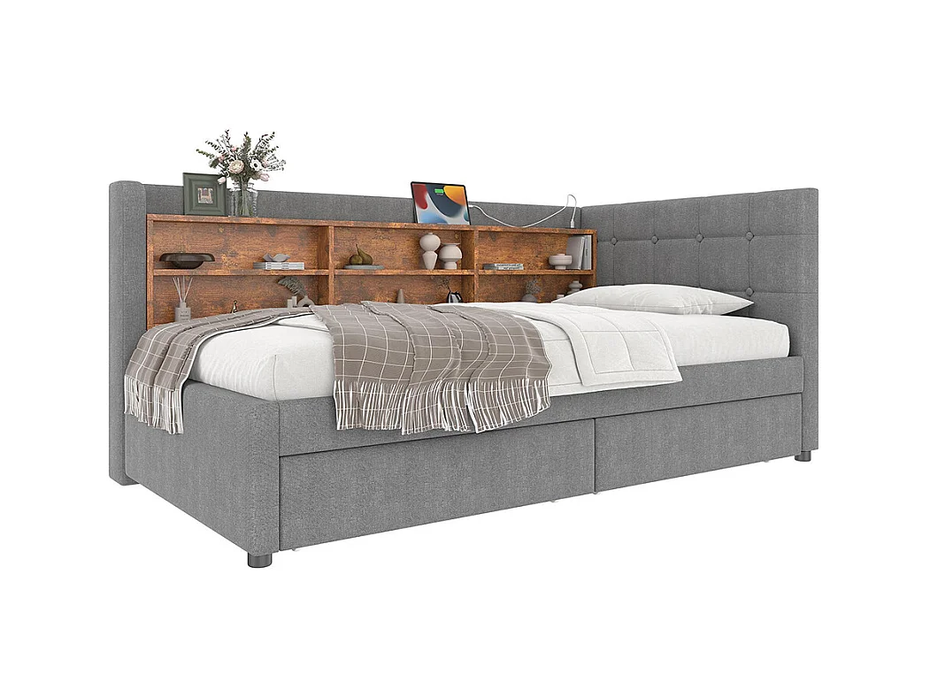 Lit banquette lit de jour convertible 90x200 cm avec 2 tiroirs ports USB Type-C rangement sommier à lattes sans matelas lin gris