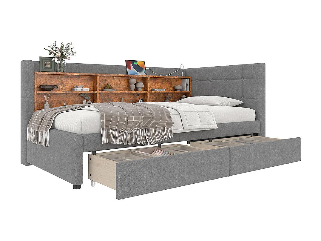 Lit banquette lit de jour convertible 90x200 cm avec 2 tiroirs ports USB Type-C rangement sommier à lattes sans matelas lin gris