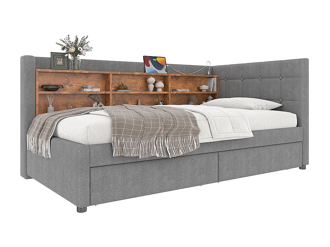 Lit banquette lit de jour convertible 90x200 cm avec 2 tiroirs ports USB Type-C rangement sommier à lattes sans matelas lin gris