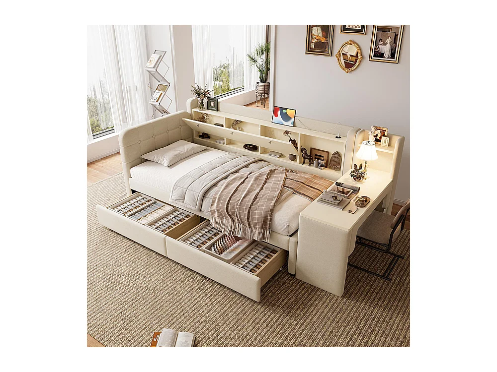 Lit banquette lit de jour convertible 90x200 cm avec bureau 2 tiroirs USB Type-C rangement rabattable sommier à lattes sans matelas rembourré beige