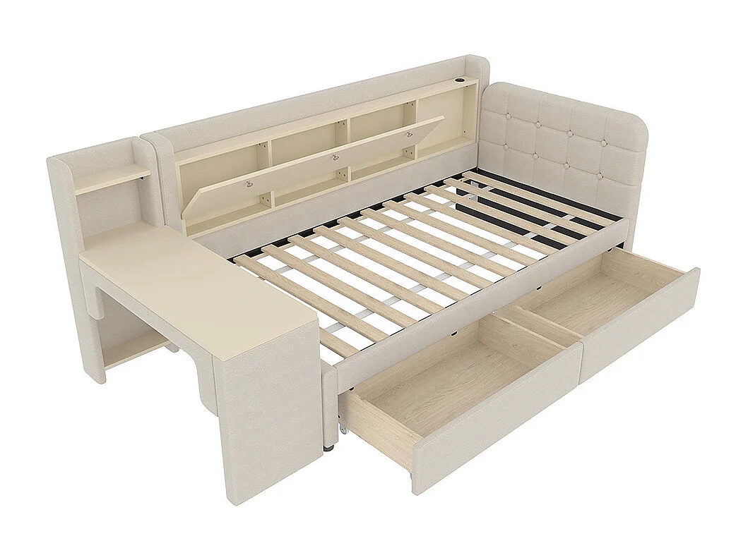 Lit banquette lit de jour convertible 90x200 cm avec bureau 2 tiroirs USB Type-C rangement rabattable sommier à lattes sans matelas rembourré beige