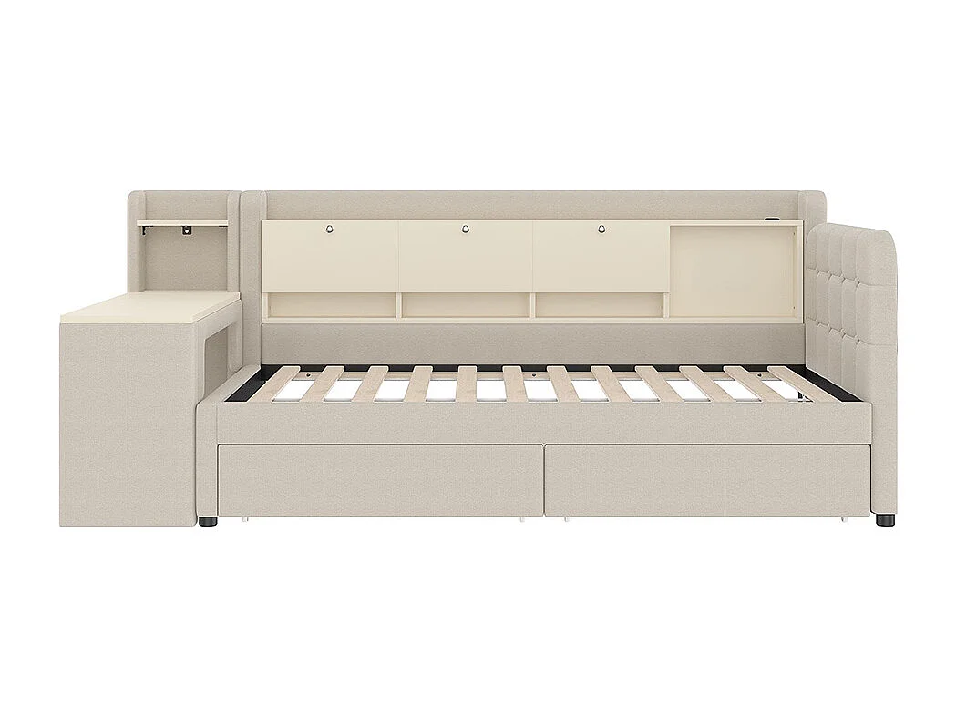 Lit banquette lit de jour convertible 90x200 cm avec bureau 2 tiroirs USB Type-C rangement rabattable sommier à lattes sans matelas rembourré beige