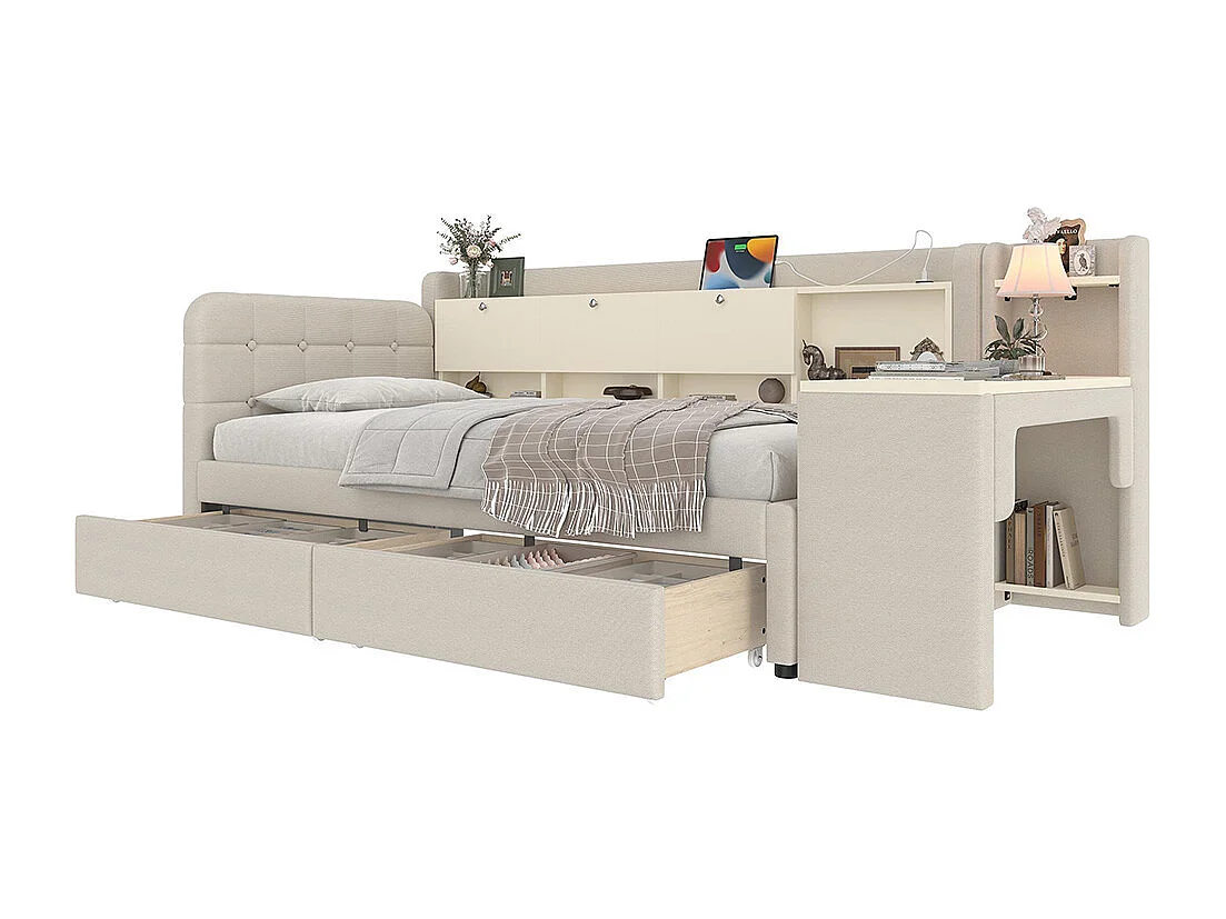 Lit banquette lit de jour convertible 90x200 cm avec bureau 2 tiroirs USB Type-C rangement rabattable sommier à lattes sans matelas rembourré beige