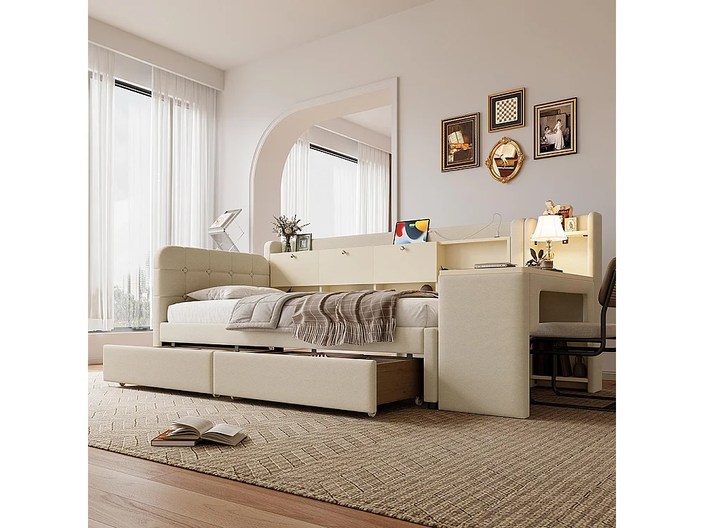Lit banquette lit de jour convertible 90x200 cm avec bureau 2 tiroirs USB Type-C rangement rabattable sommier à lattes sans matelas rembourré beige