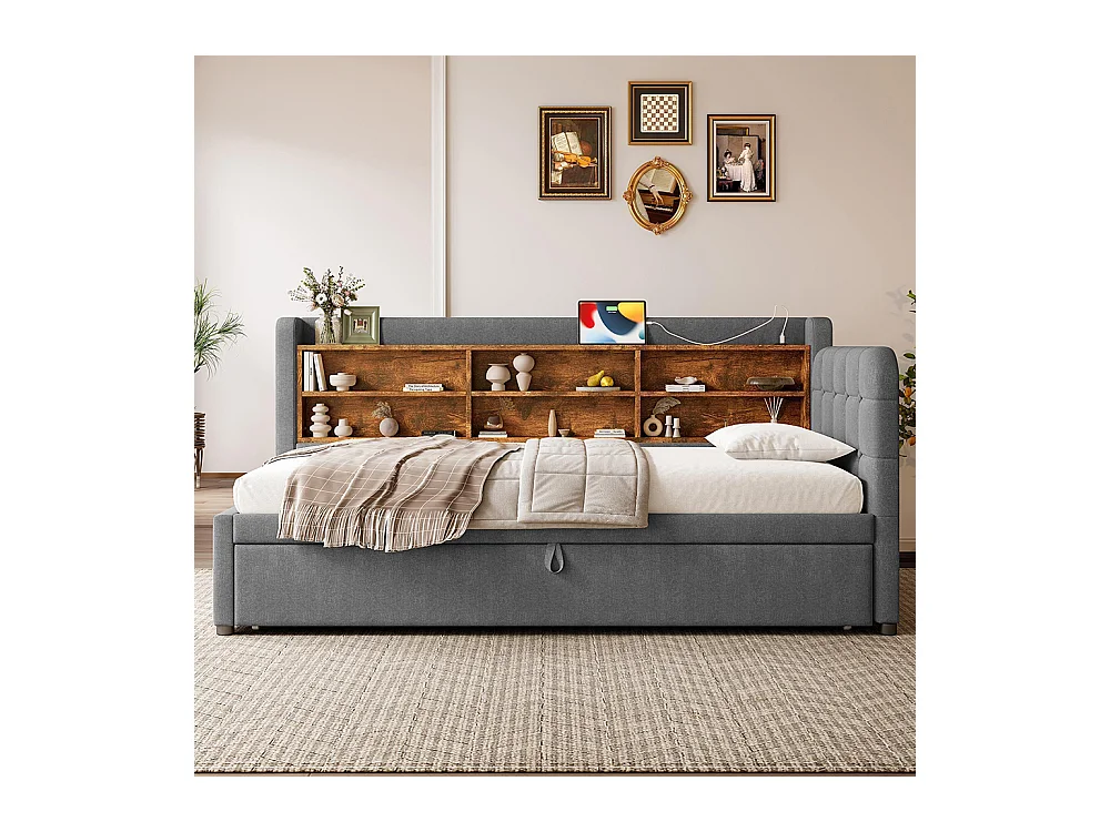 Lit banquette lit de jour gigogne 90x200 cm 180x200 cm multifonction ports USB Type-C rangement sommier à lattes sans matelas lin gris