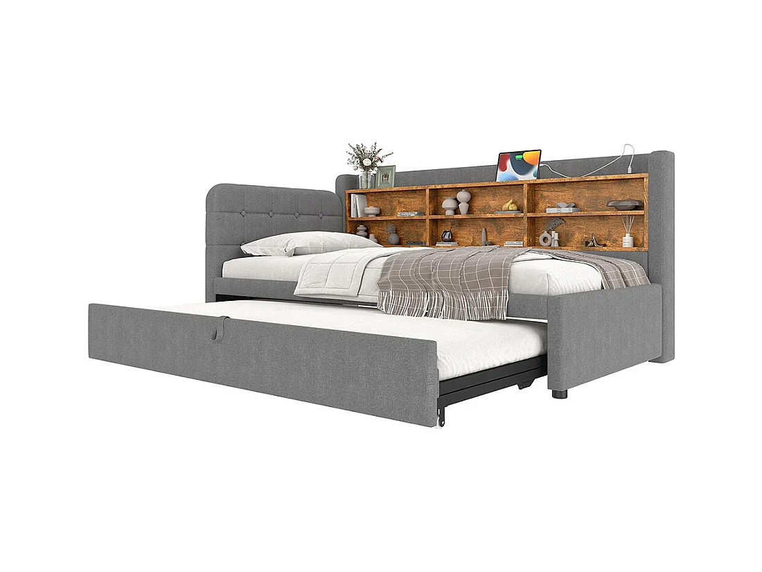 Lit banquette lit de jour gigogne 90x200 cm 180x200 cm multifonction ports USB Type-C rangement sommier à lattes sans matelas lin gris