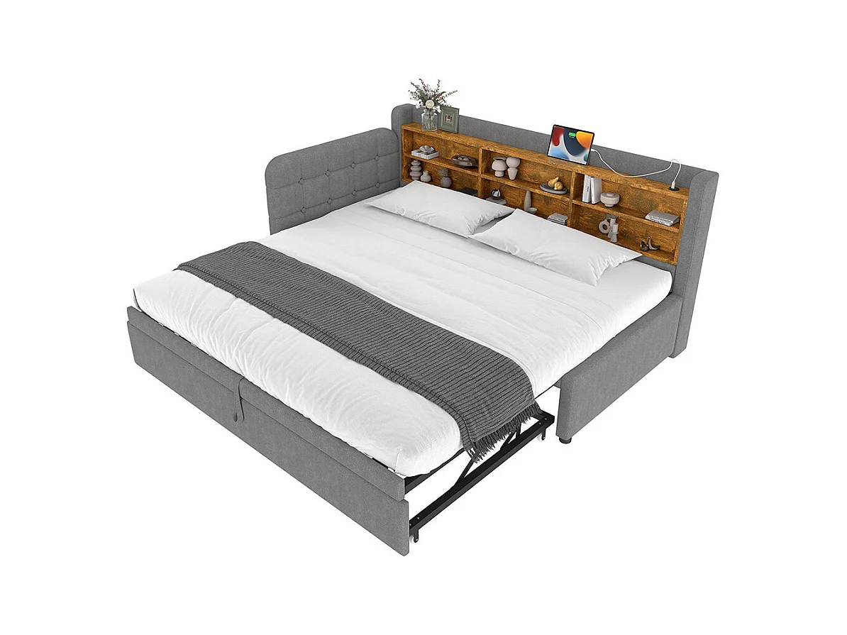 Lit banquette lit de jour gigogne 90x200 cm 180x200 cm multifonction ports USB Type-C rangement sommier à lattes sans matelas lin gris
