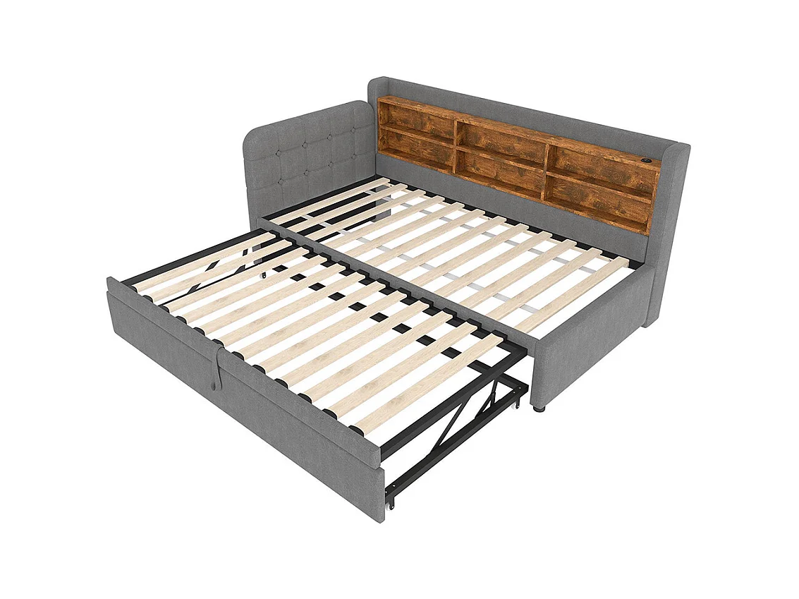 Lit banquette lit de jour gigogne 90x200 cm 180x200 cm multifonction ports USB Type-C rangement sommier à lattes sans matelas lin gris