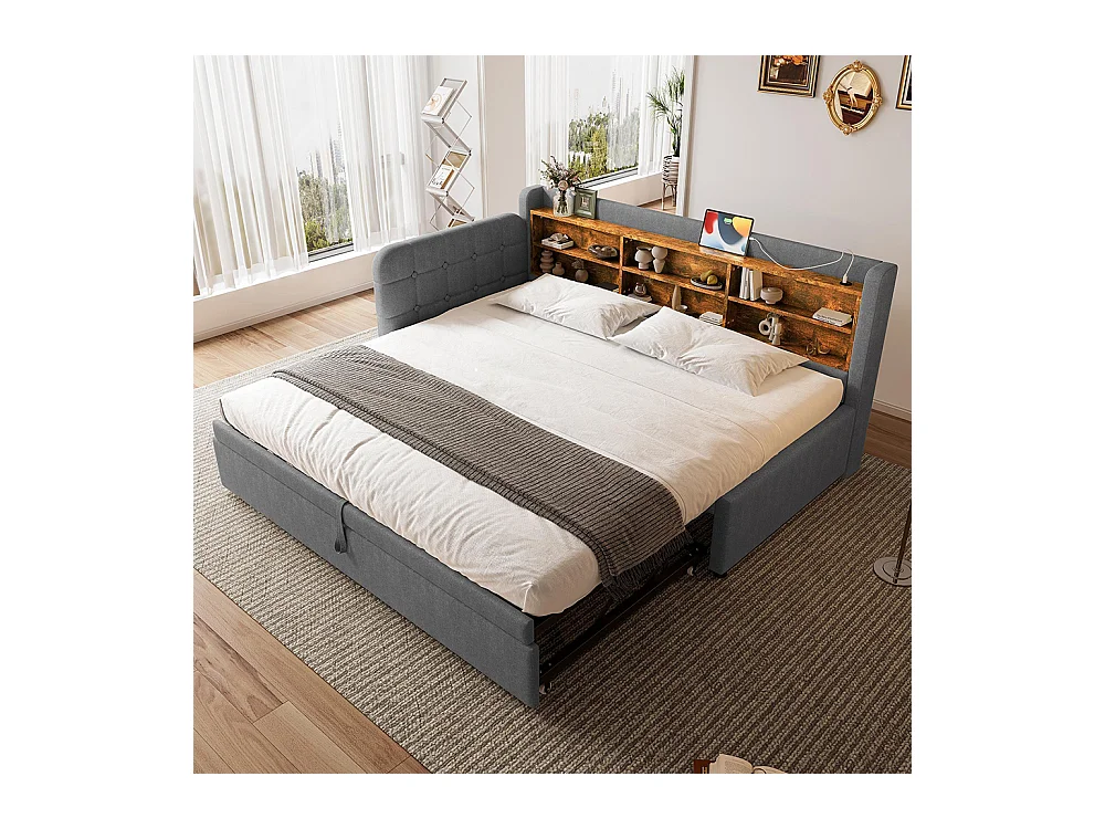 Lit banquette lit de jour gigogne 90x200 cm 180x200 cm multifonction ports USB Type-C rangement sommier à lattes sans matelas lin gris