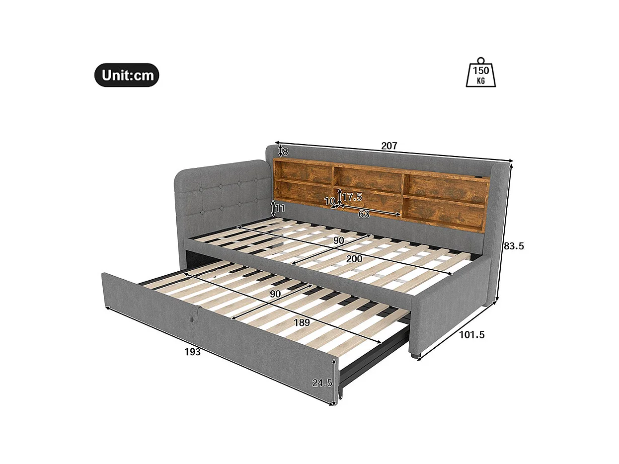 Lit banquette lit de jour gigogne 90x200 cm 180x200 cm multifonction ports USB Type-C rangement sommier à lattes sans matelas lin gris