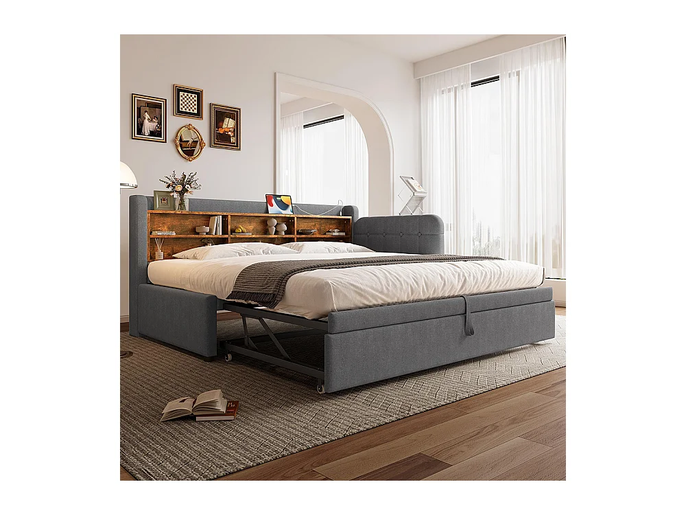 Lit banquette lit de jour gigogne 90x200 cm 180x200 cm multifonction ports USB Type-C rangement sommier à lattes sans matelas lin gris