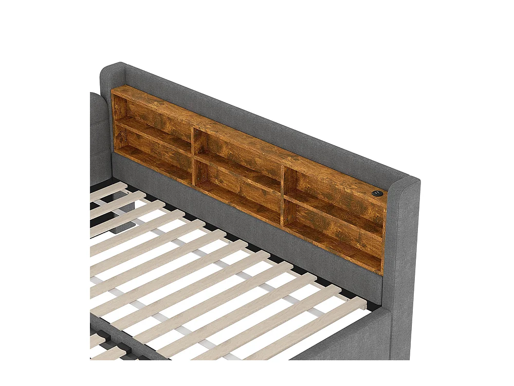 Lit banquette lit de jour gigogne 90x200 cm 180x200 cm multifonction ports USB Type-C rangement sommier à lattes sans matelas lin gris