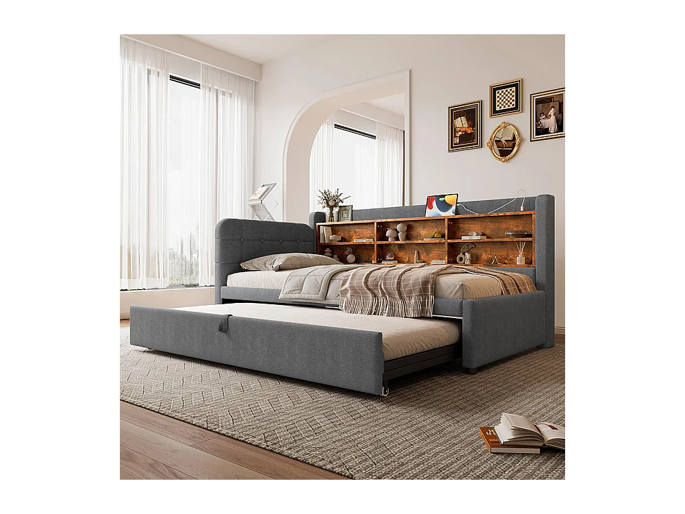 Lit banquette lit de jour gigogne 90x200 cm 180x200 cm multifonction ports USB Type-C rangement sommier à lattes sans matelas lin gris