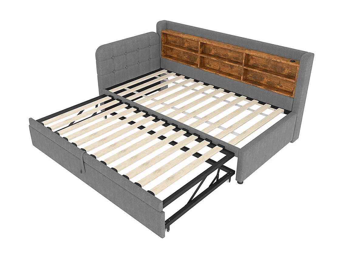 Lit banquette lit de jour gigogne 90x200 cm 180x200 cm multifonction ports USB Type-C rangement sommier à lattes sans matelas lin gris