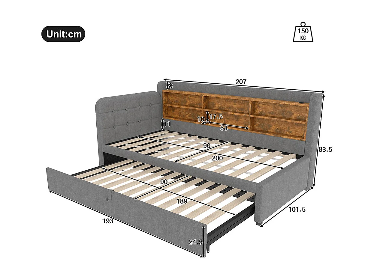 Lit banquette lit de jour gigogne 90x200 cm 180x200 cm multifonction ports USB Type-C rangement sommier à lattes sans matelas lin gris