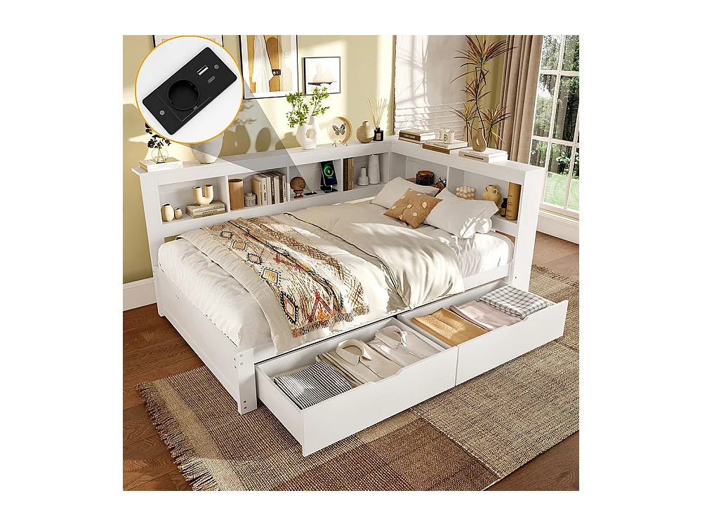 Lit banquette lit de jour rangement 140x200 cm canapé-lit 2 tiroirs ports USB électrique sommier à lattes sans matelas aggloméré blanc
