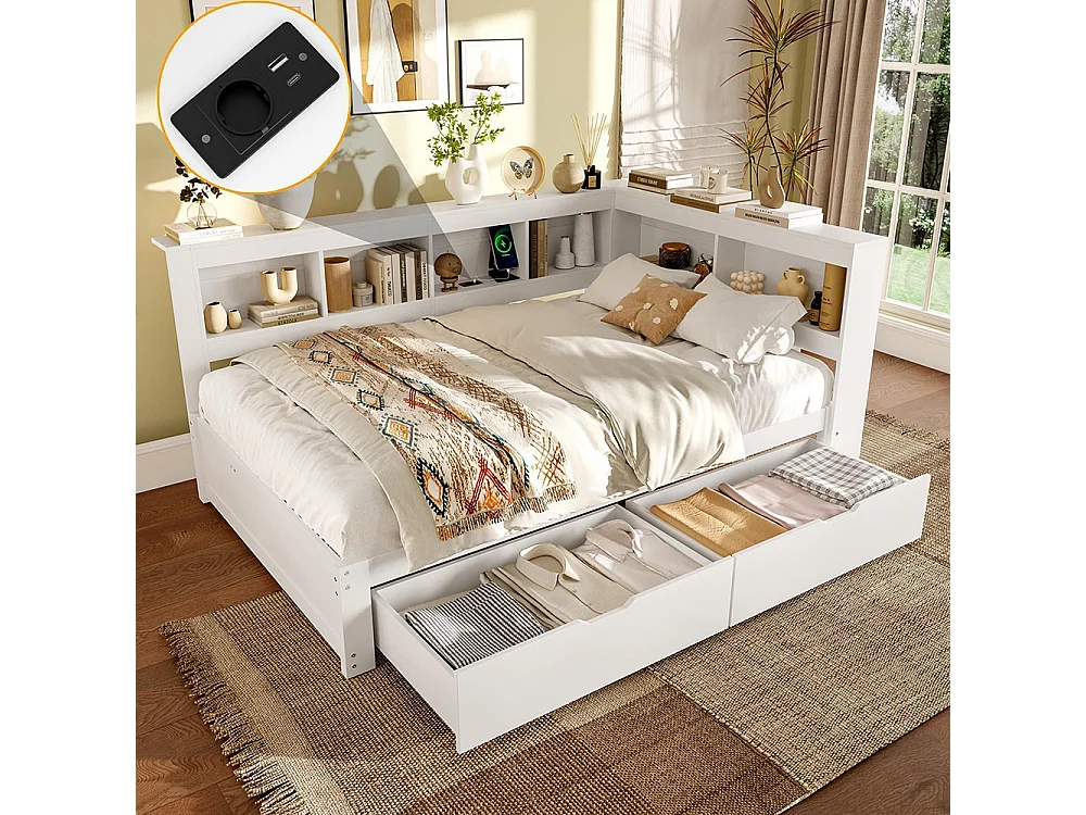 Lit banquette lit de jour rangement 140x200 cm canapé-lit 2 tiroirs ports USB électrique sommier à lattes sans matelas aggloméré blanc