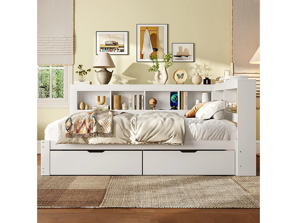 Lit banquette lit de jour rangement 140x200 cm canapé-lit 2 tiroirs ports USB électrique sommier à lattes sans matelas aggloméré blanc