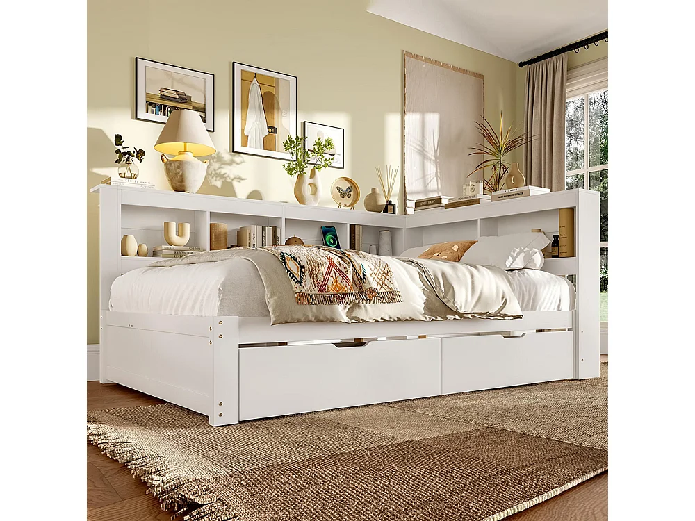 Lit banquette lit de jour rangement 140x200 cm canapé-lit 2 tiroirs ports USB électrique sommier à lattes sans matelas aggloméré blanc