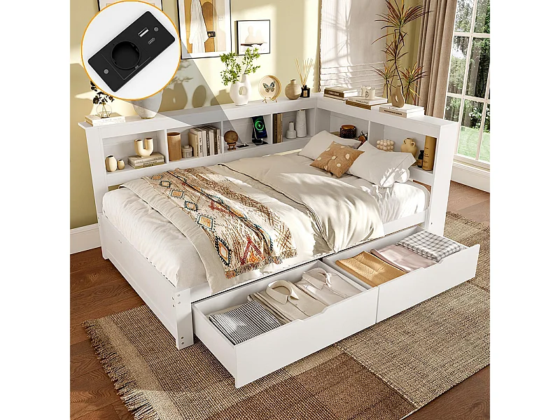 Lit banquette lit de jour rangement 140x200 cm canapé-lit 2 tiroirs ports USB électrique sommier à lattes sans matelas aggloméré blanc