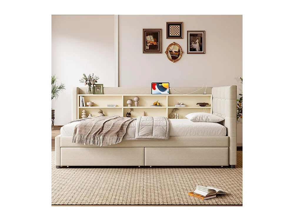 Lit banquette lit de jour convertible 90x200 cm avec 2 tiroirs ports USB Type-C rangement sommier à lattes sans matelas lin beige