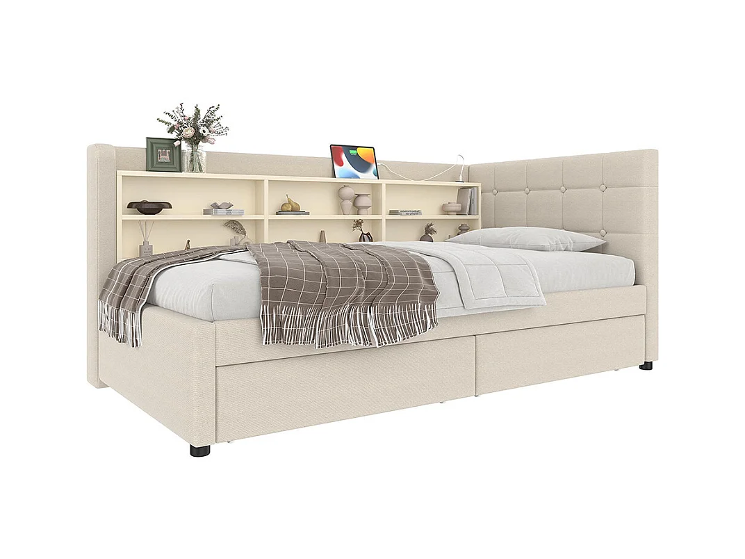 Lit banquette lit de jour convertible 90x200 cm avec 2 tiroirs ports USB Type-C rangement sommier à lattes sans matelas lin beige