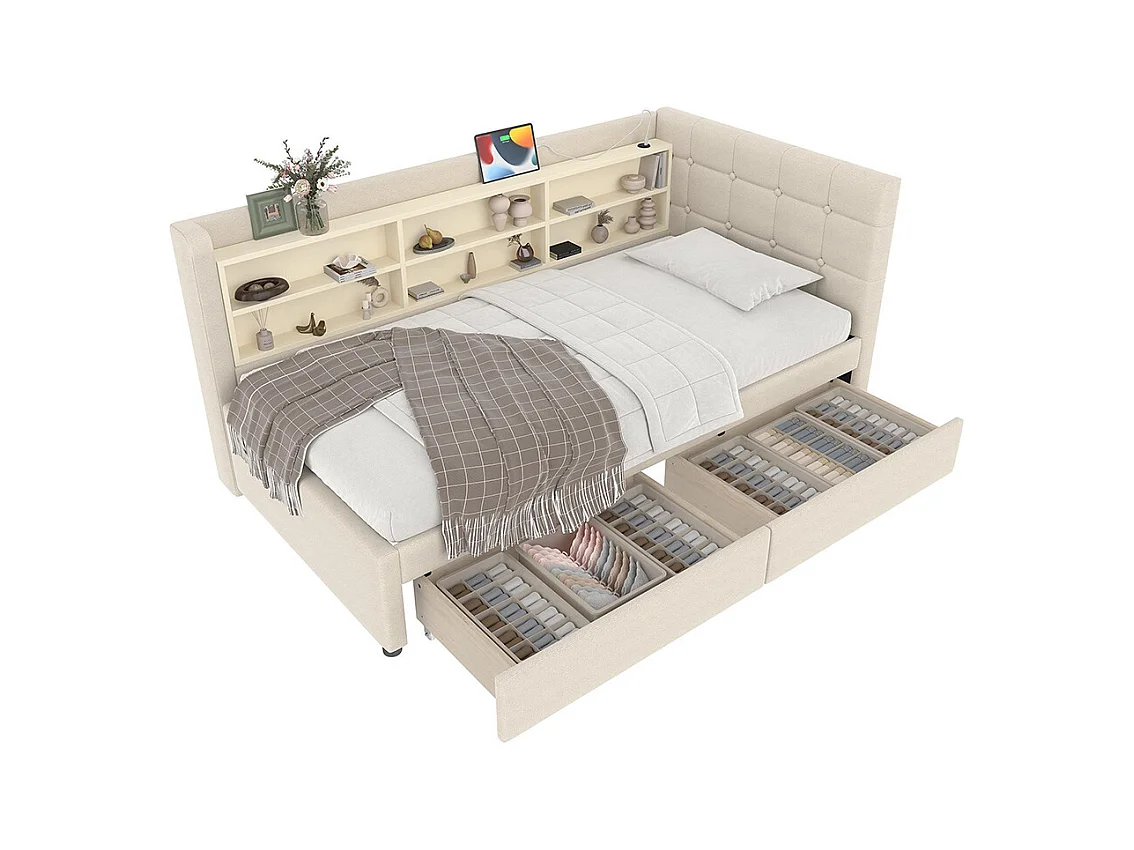 Lit banquette lit de jour convertible 90x200 cm avec 2 tiroirs ports USB Type-C rangement sommier à lattes sans matelas lin beige